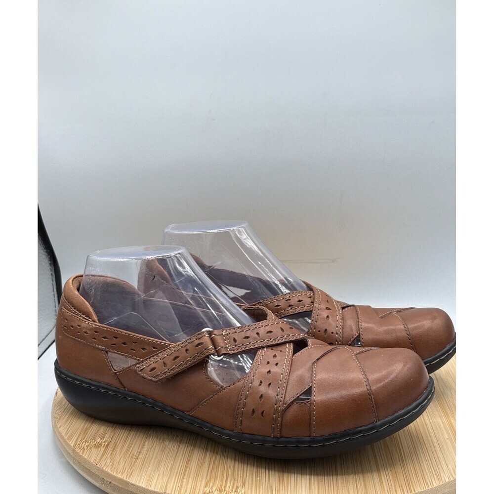 Clarks Women’s Ashland Spin Q Tan Leather Comfort Mary Jane Strap Wedge Sz 8.5W